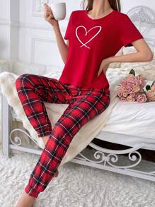 Herz Muster Kurzarm Top und karierte Hose Pyjama Set