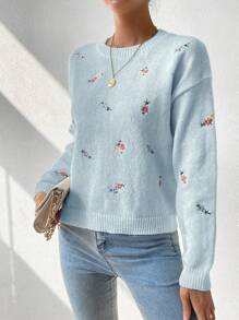SHEIN LUNE Women's Floral Embroidered Drop Shoulder Sweater,Long Sleeve Tops