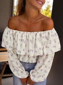 SHEIN LUNE Ditsy Floral Ruffled Cold Shoulder Blouse - Apricot - View 1