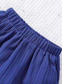 SHEIN 嬰兒女童休閒露肩短袖上衣+裙子套裝 - 寶藍色 - 查看 6