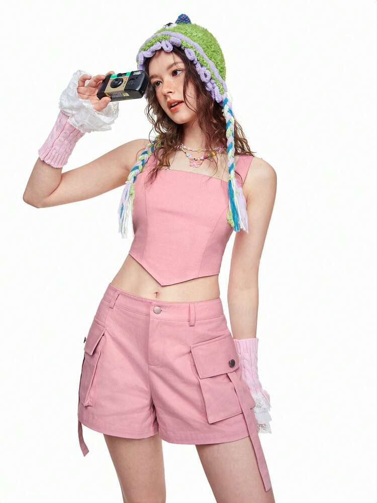 Women's Summer Music Festival Solid Color Asymmetric Hem Top And Utility Shorts Pink Two Piece Set