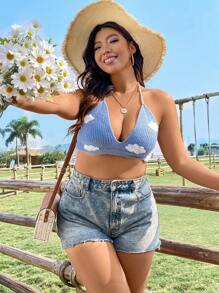 Flirla Plus Size Cloud Embroidery Halter Knitted Top