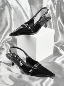Lễ cưới Buổi tiệc Thanh lịch Và Gợi cảm Mịn màng Đen Da bằng sáng chế Pointed Toe Cao gót Với Gầy Giày cao gót Và Nút kim loại Dây đeo - màu đen - Xem 1