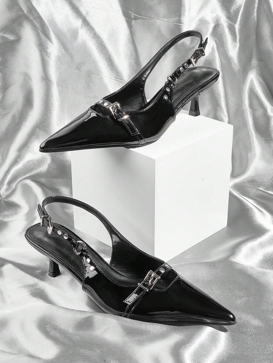 Lễ cưới Buổi tiệc Thanh lịch Và Gợi cảm Mịn màng Đen Da bằng sáng chế Pointed Toe Cao gót Với Gầy Giày cao gót Và Nút kim loại Dây đeo - màu đen - Xem 1