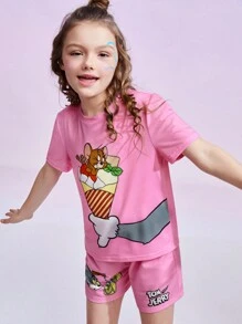 TOM & JERRY X SHEIN 少女可愛卡通印花套裝 - 粉色 - 查看 5