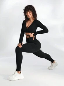 Lifespree Wrap Tie Crop Long Sleeve Top And Leggings Sports Set