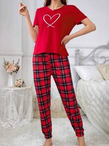 Herz Muster Kurzarm Top und karierte Hose Pyjama Set