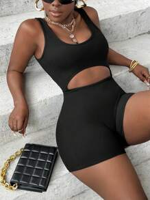 Slaydiva Ladies' Sleeveless Hollow Out Front Unitard Romper - Black - View 4