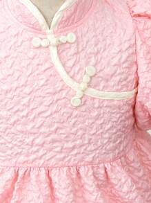 SHEIN Robe D'été Texturée À Col Montant Pour Jeunes Filles, Manches Bouffantes Boutonnées, Manches Courtes Avec Fermeture Éclair Au Dos