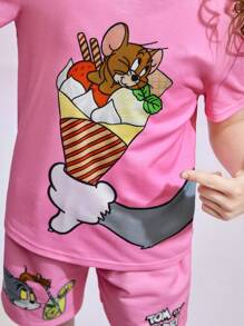 TOM & JERRY X SHEIN 少女可愛卡通印花套裝 - 粉色 - 查看 8