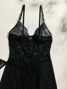 SHEIN 女性高分裂蕾絲背心連衣裙+t型後背性感內衣套裝 - 黑色 - 查看 3