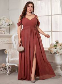 UNITHORSE 大码女士露肩短袖雪纺婚纱、优雅礼服、生日礼服、毕业礼服、正式礼服、伴娘礼服 - 紅木色 - 查看 4