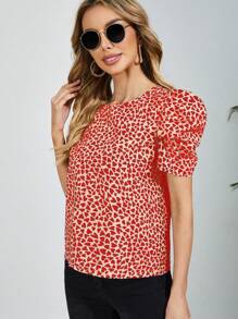 SHEIN Clasi Của phụ nữ Love Tim In Ngắn Ống tay áo Áo sơ mi - Đỏ - Xem 5