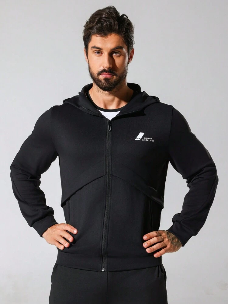 Men's Letter Printed Hooded Sports Jacket Workout Tops Sports Jacket
