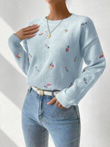 SHEIN LUNE Women's Floral Embroidered Drop Shoulder Sweater,Long Sleeve Tops