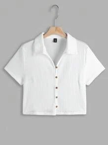 SHEIN EZwear 大尺碼女款針織短袖鈕扣T恤 - 白色 - 查看 1