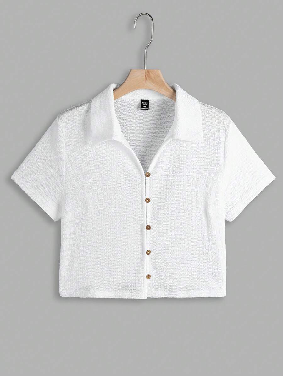 SHEIN EZwear 大尺碼女款針織短袖鈕扣T恤 - 白色 - 查看 1