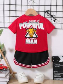 SHEIN Bộ đồ bóng chày hai mảnh họa tiết hoạt hình cổ chữ V nhiều màu cho bé trai và quần short - Đỏ - Xem 2