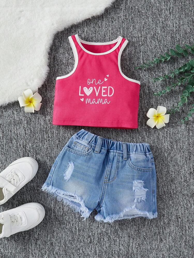 Young Girl Printed Slogan Tank Top And Shorts Set