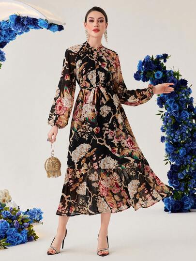 Modelyn Women's Lantern Sleeve Floral Printed Dress
