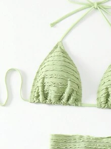 Swim Basics Summer Beach Solid Color Textured Bikini Set With Knot Detail Side + Swim Skirt Music Festival - Dark Green - View 3