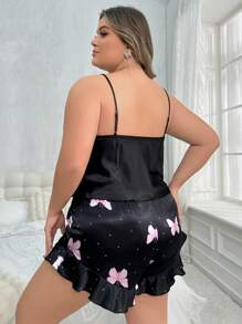 Plus Size Women's Satin Plain Butterfly Printed Camisole Top And Shorts Pajama Set - Black - View 2