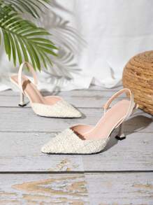 Tacones Altos Beige Con Punta Puntiaguda Y Trenzados Para Mujer - Albaricoque - Ver 4