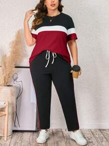 SHEIN LUNE Plus Size Color Block Round Neck Top And Pants Two Piece Set For Summer - Red - View 1
