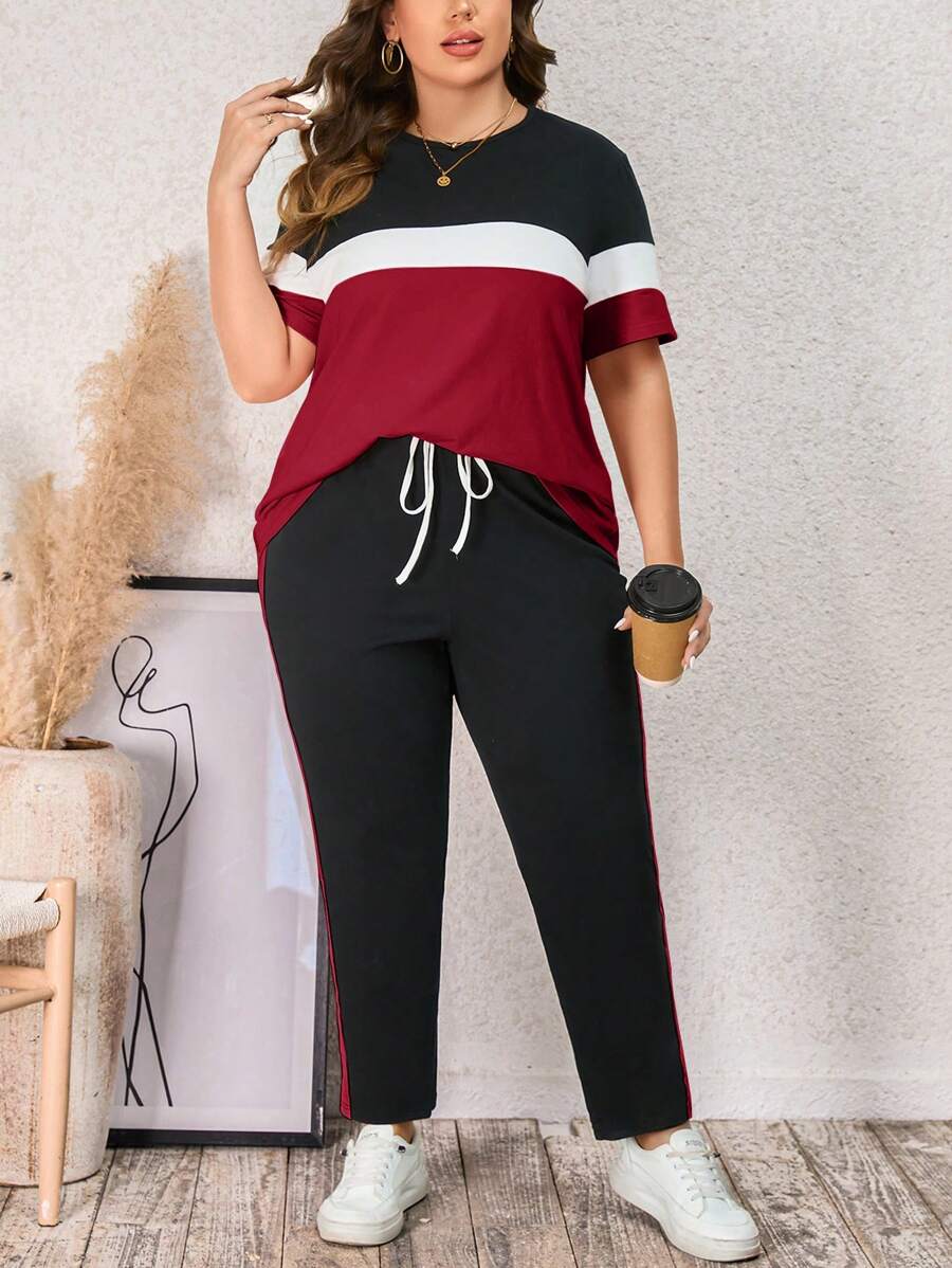 SHEIN LUNE Plus Size Color Block Round Neck Top And Pants Two Piece Set For Summer - Red - View 1