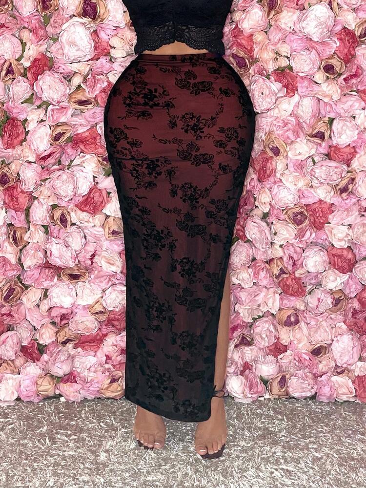 Valentine's Day Rose Floral Pattern Double-Layer Mesh & Flocked High-Slit Skirt