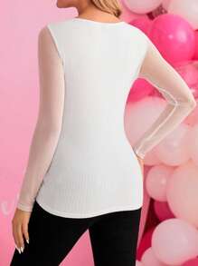 SHEIN Maternity Lace Trim V-Neck Mesh Long Sleeve T-Shirt - White - View 2