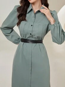 Mulvari Lantern Sleeve Shirt Dress For Women - Green - View 1