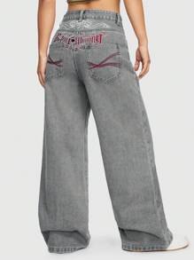 ROMWE Avant Phong cách đường phố Giải trí quần ống rộng Lá thư & Cây nho Thêu Của phụ nữ Denim Quần jean - Xám - Xem 1