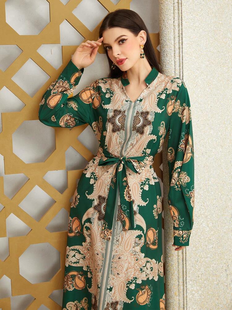 Women's Long Sleeve Arabian Caftan Dress With Paisley Print