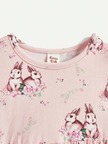 Cozy Pixies Vestido de manga sin mangas con patrón de conejo y ribete con volantes en el cuello redondo y la cintura para bebé niña, conjunto de 2 piezas