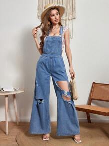 Breezaya Women's Pocket & Front Ripped Denim Overalls - Light Wash - View 4
