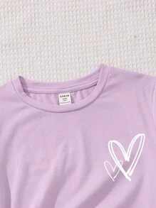 Cô gái Tween Giải trí Đơn giản Tim In Ngắn tay Áo Và Quần short , Thích hợp Cho mùa hè - Màu tím hoa cà - Xem 3