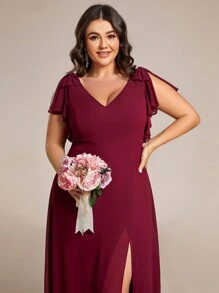 Chiffon Split Thigh Ruffle Trim Bow Shoulder Bridesmaid Dress - Burgundy - View 4