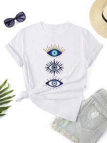SHEIN Essnce 女士眼睛圖案短袖t卹 - 白色 - 查看 4