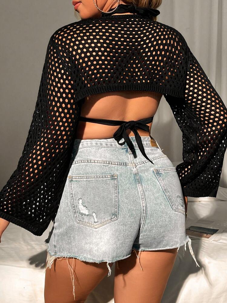Plus Size Women's Hollow Out Cropped Cardigan With Tie Front Fall Cloth For Women
