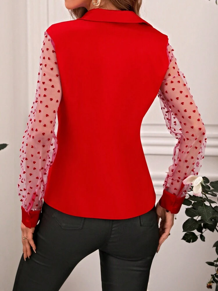 Women's Long Sleeve Mesh Heart Detail Turn-Down Collar Shirt