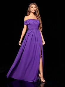 Vestido de gasa con hombros descubiertos, bajo asimétrico, fruncido, con lazo, espalda abierta y aberturas laterales, vestido de noche - Morado - Ver 6