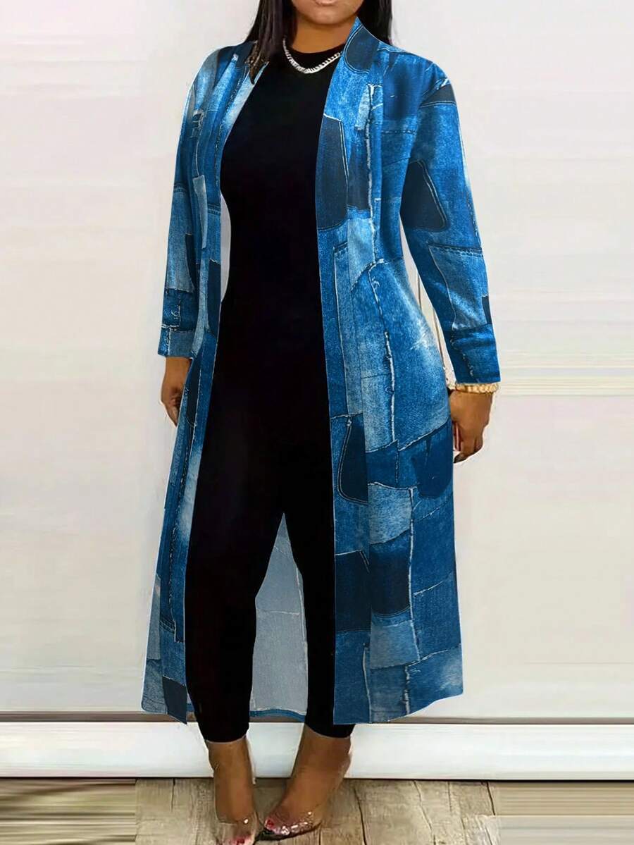 Fashionable Printed Loose-Fit Long Plus Size Women's Jacket For Leisure - Multicolor - View 1