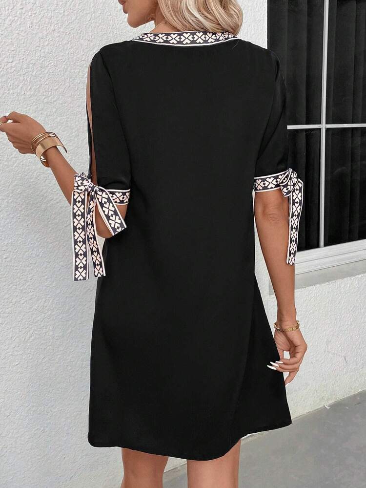 Cold Shoulder Geometric Tape Patchwork Dress