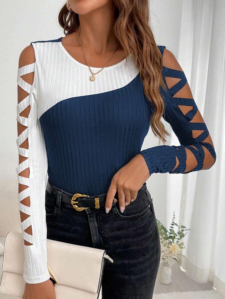 SHEIN Clasi 女款仿舊長袖拼色 T 卹 - 藍白色 - 查看 1