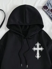 SHEIN Slayr Sudadera con capucha con cordón y estampado cruzado para mujer talla grande, para invierno - Negro - Ver 3