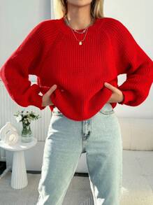 EURMUSE Plus Size Women's Round Neck Raglan Long Sleeve Sweater Pullover - Red - View 1
