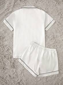 LuxeNights 2pcs/Set Imitation Silk Trimmed Lapel Pajamas Set With Matching Shorts White Set, Fall Winter Clothes Cozy And Elegant Details - White - View 2