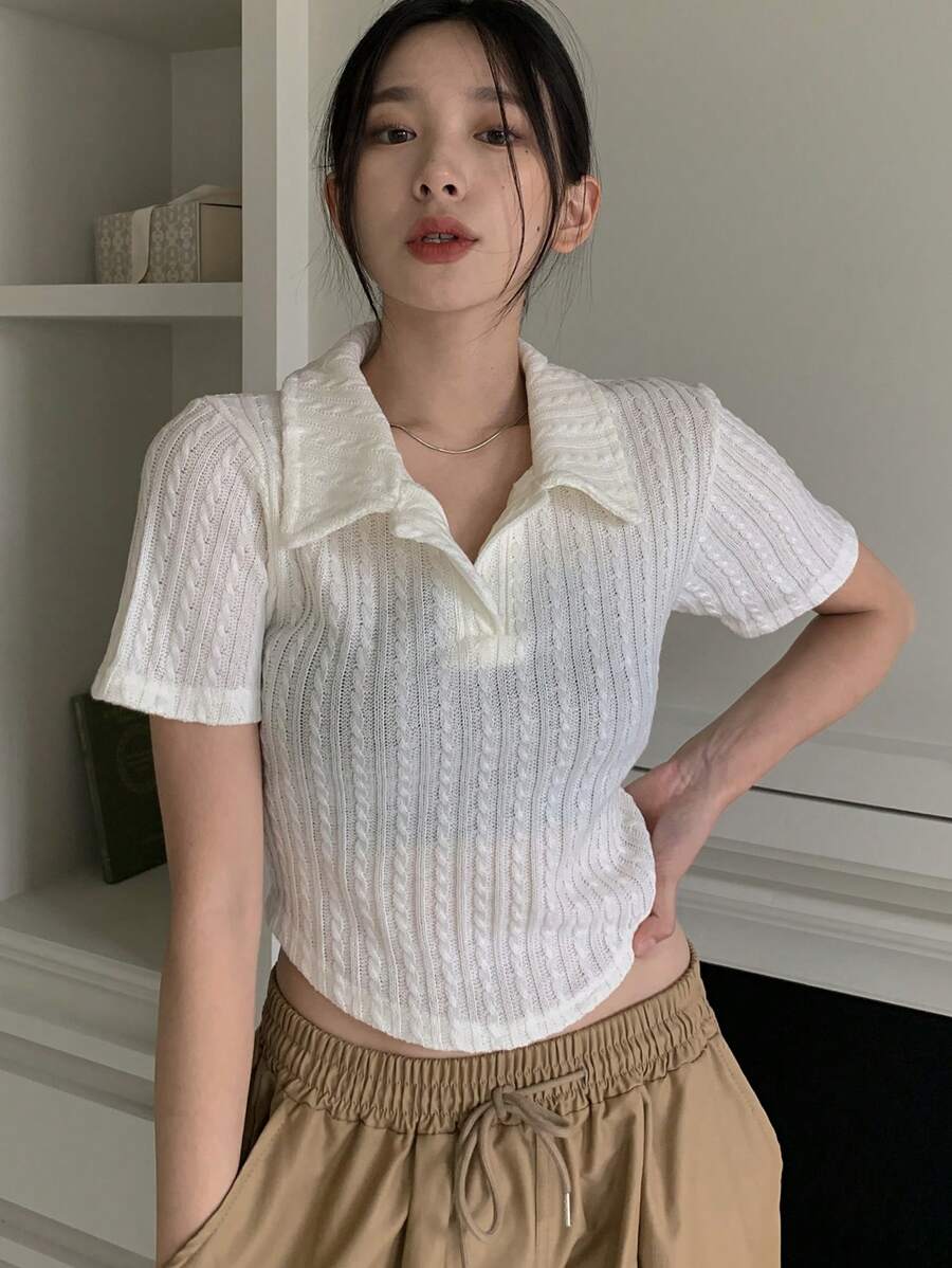 DAZY Ladies' Solid Color Turn-Down Collar Short Sleeve T-Shirt