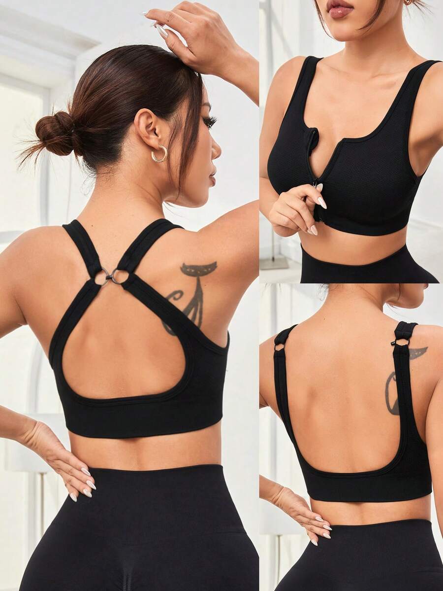 Yoga Trendy 女式純色休閒拉鍊運動文胸 - 黑色 - 查看 1